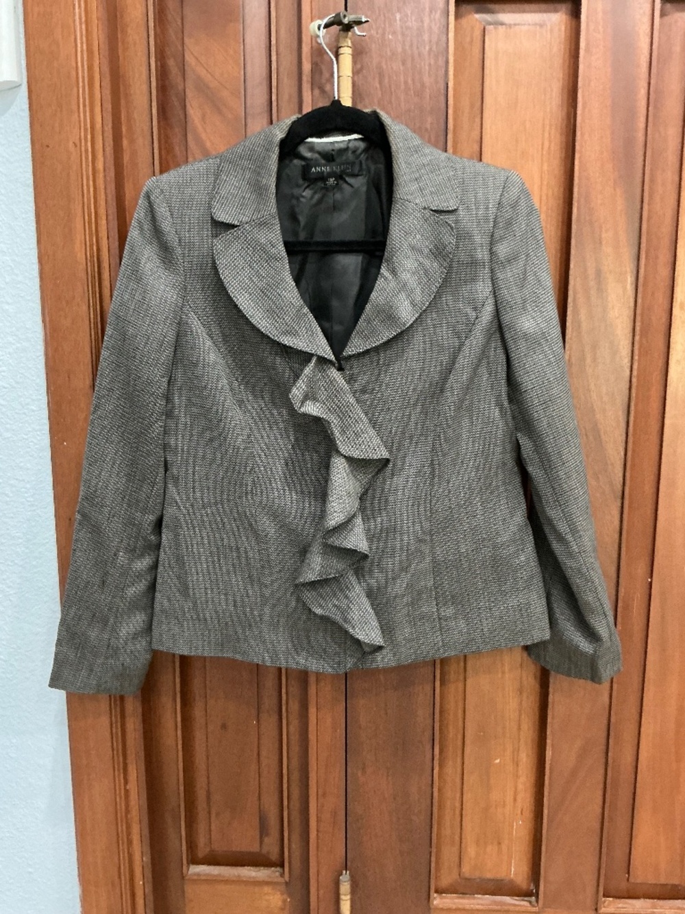 Anne Klein" Textured Grey Ruffle-Front Single Button Blazer